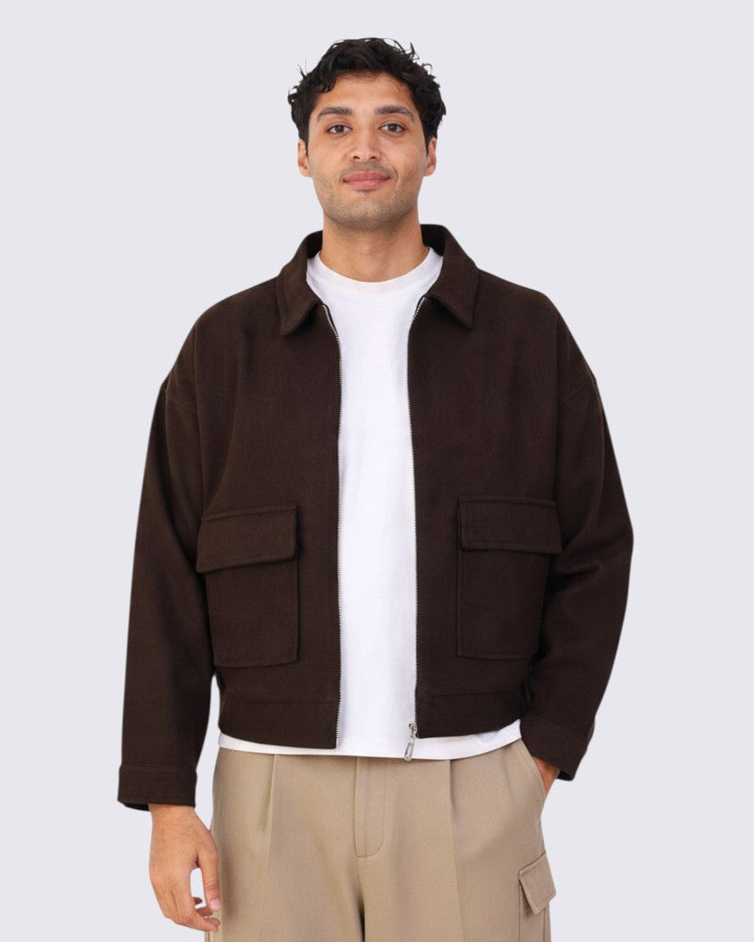 brown zipper wool jacket