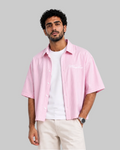 man boxy shirt pink with white stripes and  white embroidery