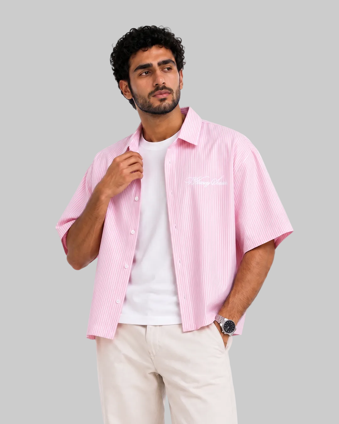 man boxy shirt pink with white stripes and  white embroidery
