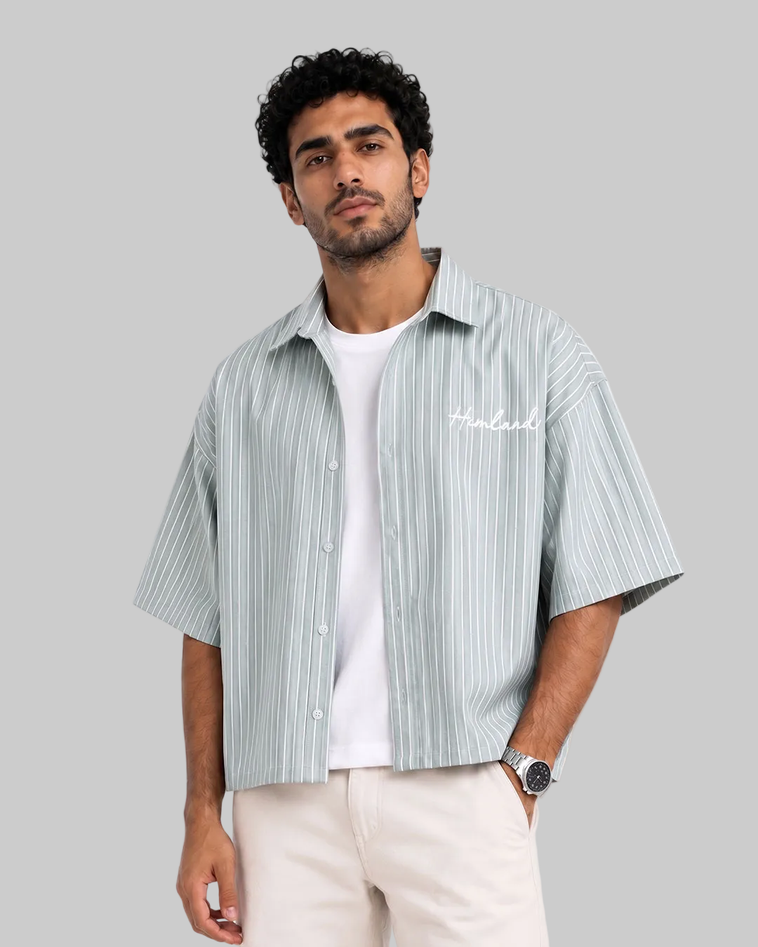 light green and white stripes boxy fit men short - embroidery white