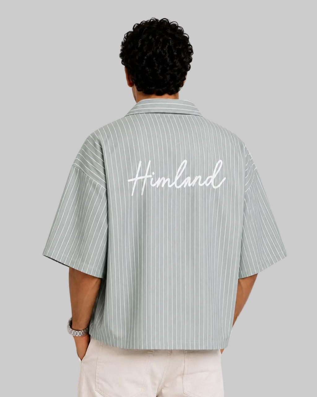 light green and white stripes boxy fit men short - embroidery white