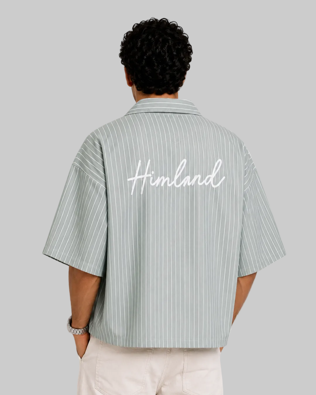 light green and white stripes boxy fit men short - embroidery white