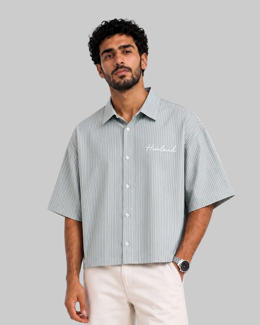 light green and white stripes boxy fit men short - embroidery white